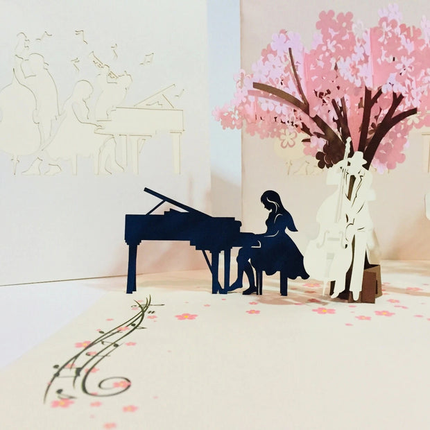 Symphony WHITE Orchestra Music Band under Cherry Blossom Tree 3D POP UP GREETING CARD - Created by Origami Pop Cards Australian Design & Handmade 3D Pop Up Magical Paper Cards Handmade Cards Happy Valentine's Day Celebrate Love Heart Fell and Romantic