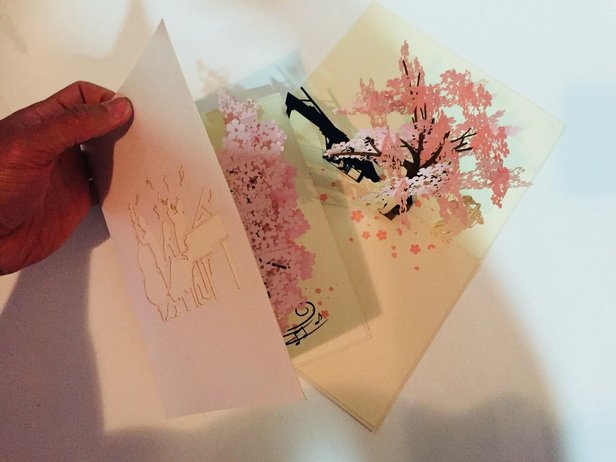 Symphony WHITE Orchestra Music Band under Cherry Blossom Tree 3D POP UP GREETING CARD - Created by Origami Pop Cards Australian Design & Handmade 3D Pop Up Magical Paper Cards Handmade Cards Happy Valentine's Day Celebrate Love Heart Fell and Romantic