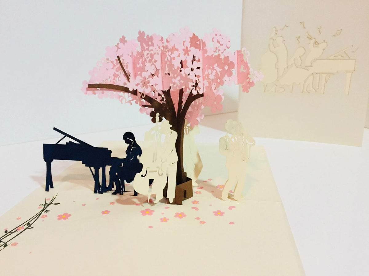Symphony WHITE Orchestra Music Band under Cherry Blossom Tree 3D POP UP GREETING CARD - Created by Origami Pop Cards Australian Design & Handmade 3D Pop Up Magical Paper Cards Handmade Cards Happy Valentine's Day Celebrate Love Heart Fell and Romantic