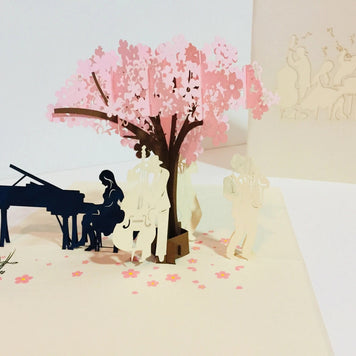 Symphony WHITE Orchestra Music Band under Cherry Blossom Tree 3D POP UP GREETING CARD - Created by Origami Pop Cards Australian Design & Handmade 3D Pop Up Magical Paper Cards Handmade Cards Happy Valentine's Day Celebrate Love Heart Fell and Romantic
