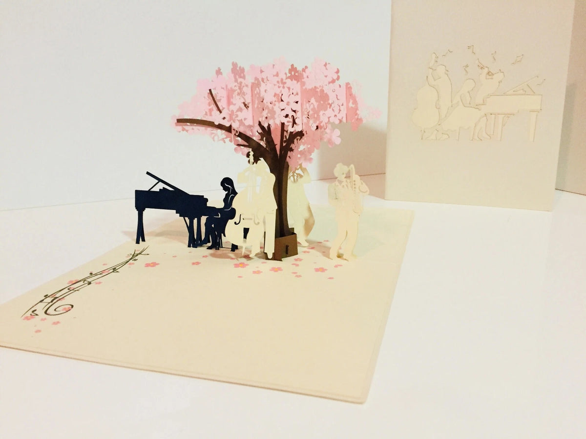 Symphony WHITE Orchestra Music Band under Cherry Blossom Tree 3D POP UP GREETING CARD - Created by Origami Pop Cards Australian Design & Handmade 3D Pop Up Magical Paper Cards Handmade Cards Happy Valentine's Day Celebrate Love Heart Fell and Romantic