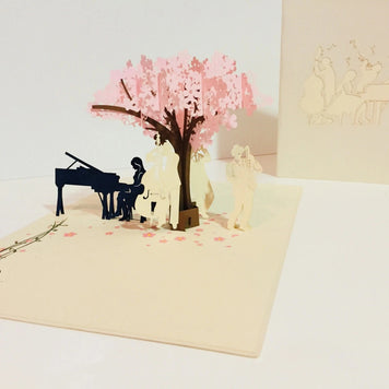 Symphony WHITE Orchestra Music Band under Cherry Blossom Tree 3D POP UP GREETING CARD - Created by Origami Pop Cards Australian Design & Handmade 3D Pop Up Magical Paper Cards Handmade Cards Happy Valentine's Day Celebrate Love Heart Fell and Romantic
