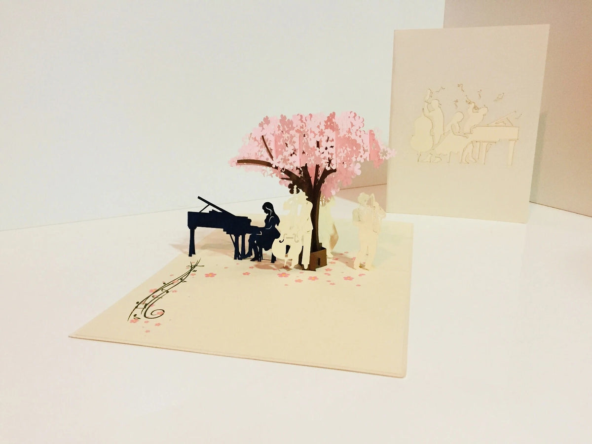 Symphony WHITE Orchestra Music Band under Cherry Blossom Tree 3D POP UP GREETING CARD - Created by Origami Pop Cards Australian Design & Handmade 3D Pop Up Magical Paper Cards Handmade Cards Happy Valentine's Day Celebrate Love Heart Fell and Romantic