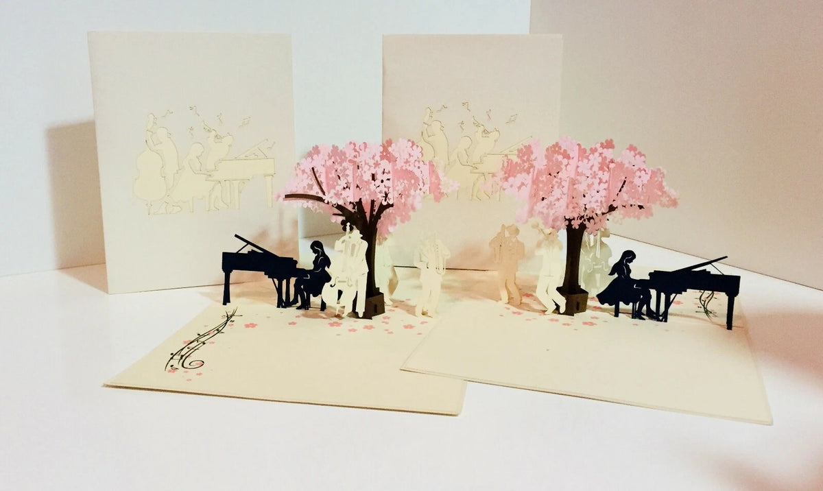Symphony WHITE Orchestra Music Band under Cherry Blossom Tree 3D POP UP GREETING CARD - Created by Origami Pop Cards Australian Design & Handmade 3D Pop Up Magical Paper Cards Handmade Cards Happy Valentine's Day Celebrate Love Heart Fell and Romantic