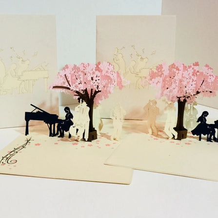 Symphony WHITE Orchestra Music Band under Cherry Blossom Tree 3D POP UP GREETING CARD - Created by Origami Pop Cards Australian Design & Handmade 3D Pop Up Magical Paper Cards Handmade Cards Happy Valentine's Day Celebrate Love Heart Fell and Romantic