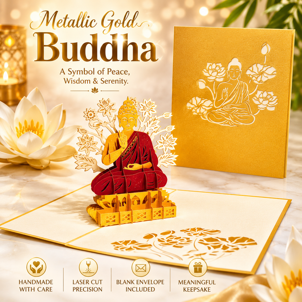 Metallic Gold Buddha Origami Pop Cards 3D Pop Up Greeting Card Happy Birthday Thank You Handmade Gift Thinking of You Blank Card for Any Occasion Happy Mother's Day Australiana Celebrate the Beauty of Flower