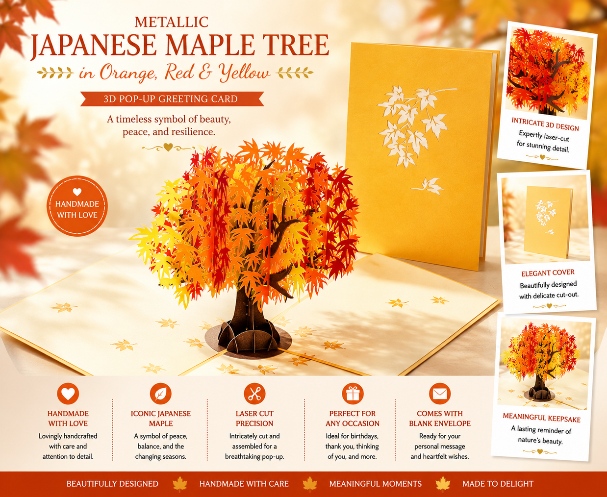 Metallic Japanese Maple Tree in Orange, Red & Yellow 3D POP UP GREETING CARD - Created by Origami Pop Cards Australian Design & Handmade 3D Pop Up Magical Paper Cards, Handmade Pop Up Cards Happy Valentine's Day Celebrate Love Heart Fell and Romantic