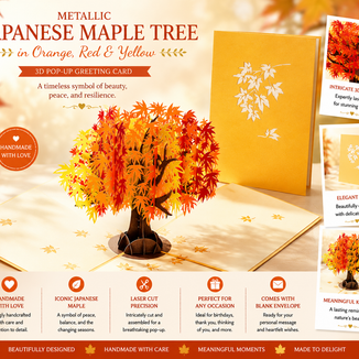 Metallic Japanese Maple Tree in Orange, Red & Yellow 3D POP UP GREETING CARD - Created by Origami Pop Cards Australian Design & Handmade 3D Pop Up Magical Paper Cards, Handmade Pop Up Cards Happy Valentine's Day Celebrate Love Heart Fell and Romantic