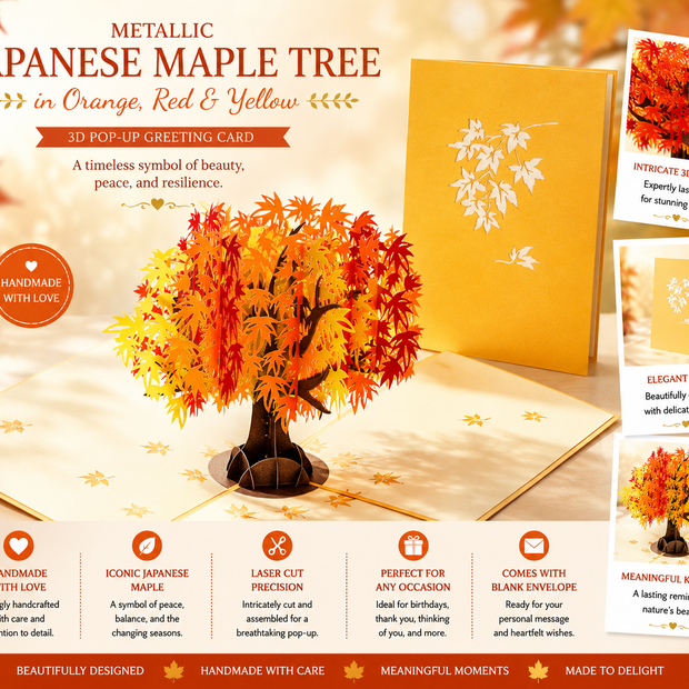 Metallic Japanese Maple Tree in Orange, Red & Yellow 3D POP UP GREETING CARD - Created by Origami Pop Cards Australian Design & Handmade 3D Pop Up Magical Paper Cards, Handmade Pop Up Cards Happy Valentine's Day Celebrate Love Heart Fell and Romantic