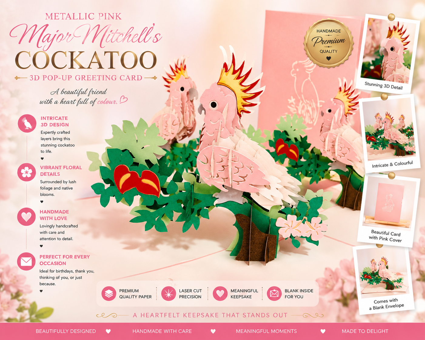 Metallic Pink Major Mitchell's Cockatoo Bird Origami Pop Cards 3D Pop Up Greeting Card Happy Birthday Thank You Handmade Gift Thinking of You Blank Card for Any Occasion Happy Mother's Day Happy Father's Australiana Birds