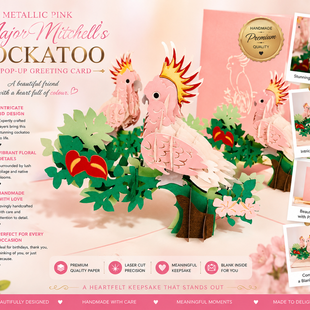 Metallic Pink Major Mitchell's Cockatoo Bird Origami Pop Cards 3D Pop Up Greeting Card Happy Birthday Thank You Handmade Gift Thinking of You Blank Card for Any Occasion Happy Mother's Day Happy Father's Australiana Birds