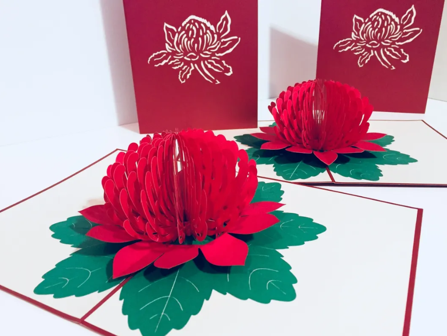 Metallic Red Waratah Australian Native Flower Origami Pop Cards 3D Pop Up Greeting Card Happy Birthday Thank You Handmade Gift Thinking of You Blank Card for Any Occasion Happy Mother's Day Happy Father's Australiana Celebrate and Romantic