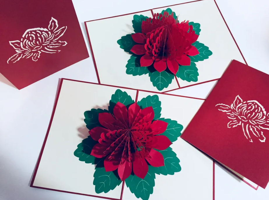 Metallic Red Waratah Australian Native Flower Origami Pop Cards 3D Pop Up Greeting Card Happy Birthday Thank You Handmade Gift Thinking of You Blank Card for Any Occasion Happy Mother's Day Happy Father's Australiana Celebrate and Romantic
