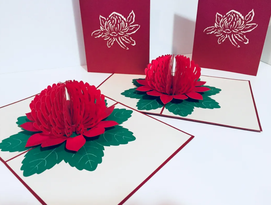 Metallic Red Waratah Australian Native Flower Origami Pop Cards 3D Pop Up Greeting Card Happy Birthday Thank You Handmade Gift Thinking of You Blank Card for Any Occasion Happy Mother's Day Happy Father's Australiana Celebrate and Romantic