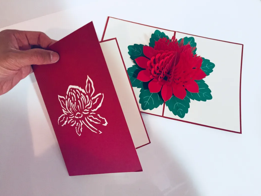 Metallic Red Waratah Australian Native Flower Origami Pop Cards 3D Pop Up Greeting Card Happy Birthday Thank You Handmade Gift Thinking of You Blank Card for Any Occasion Happy Mother's Day Happy Father's Australiana Celebrate and Romantic