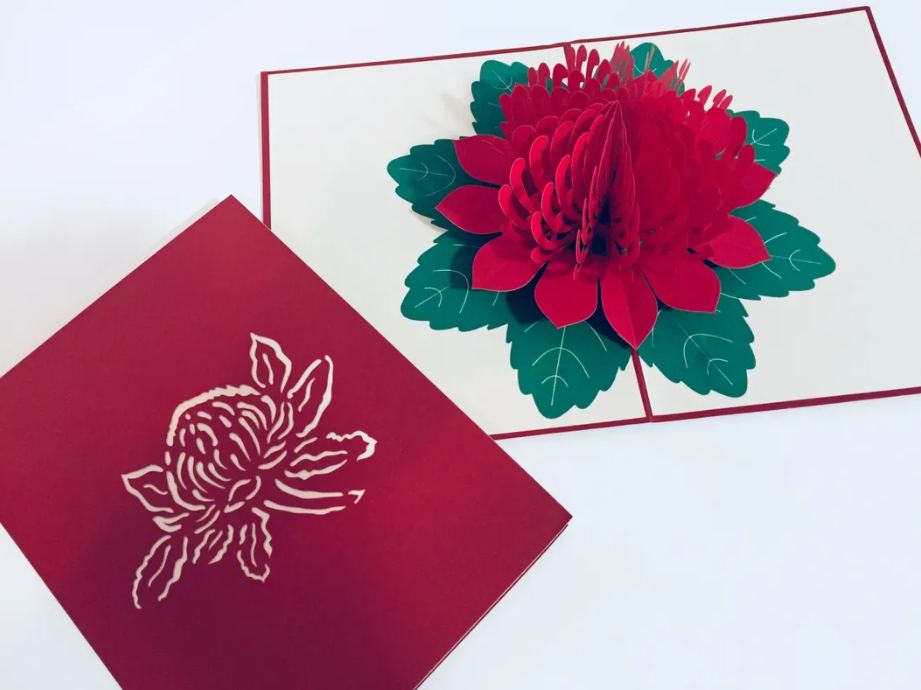 Metallic Red Waratah Australian Native Flower Origami Pop Cards 3D Pop Up Greeting Card Happy Birthday Thank You Handmade Gift Thinking of You Blank Card for Any Occasion Happy Mother's Day Happy Father's Australiana Celebrate and Romantic