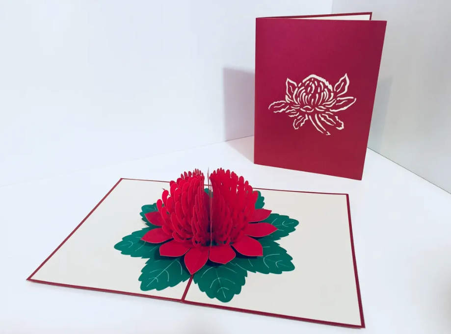 Metallic Red Waratah Australian Native Flower Origami Pop Cards 3D Pop Up Greeting Card Happy Birthday Thank You Handmade Gift Thinking of You Blank Card for Any Occasion Happy Mother's Day Happy Father's Australiana Celebrate and Romantic