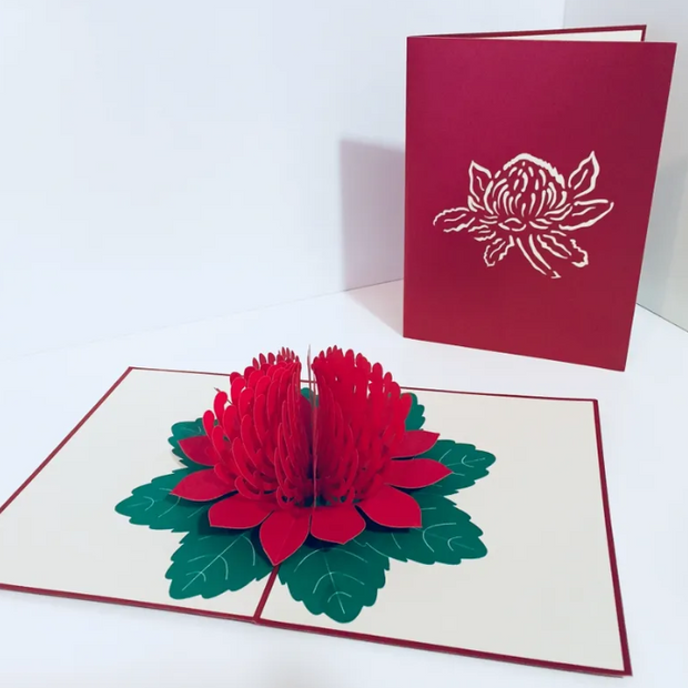 Metallic Red Waratah Australian Native Flower Origami Pop Cards 3D Pop Up Greeting Card Happy Birthday Thank You Handmade Gift Thinking of You Blank Card for Any Occasion Happy Mother's Day Happy Father's Australiana Celebrate and Romantic