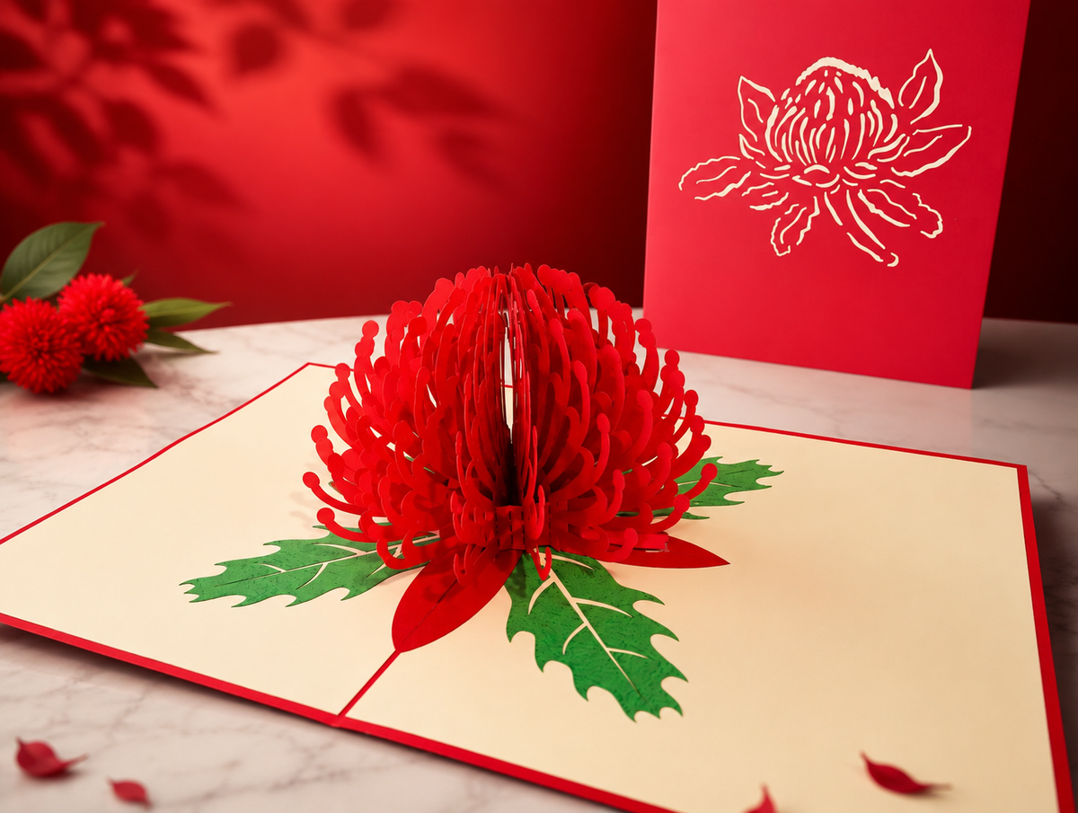 Waratah Australian Native Flower in Red Origami Pop Cards 3D Pop Up Greeting Card Happy Birthday Thank You Handmade Gift Thinking of You Blank Card for Any Occasion Happy Mother's Day Australiana Celebrate the Beauty of Flower