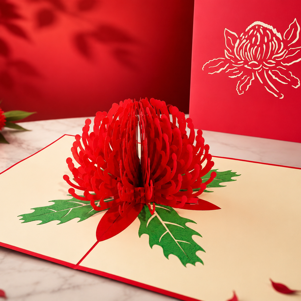 Waratah Australian Native Flower in Red Origami Pop Cards 3D Pop Up Greeting Card Happy Birthday Thank You Handmade Gift Thinking of You Blank Card for Any Occasion Happy Mother's Day Australiana Celebrate the Beauty of Flower