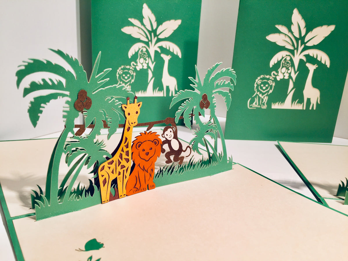 Monkey, Lion & Giraffe Jungle Zoo Origami Pop Cards 3D Pop Up Greeting Card Thank You Handmade Gift Thinking of You Happy Birthday Occasion Australiana Celebrate the Beauty and Happiness During Special Day Best Wishes Gift