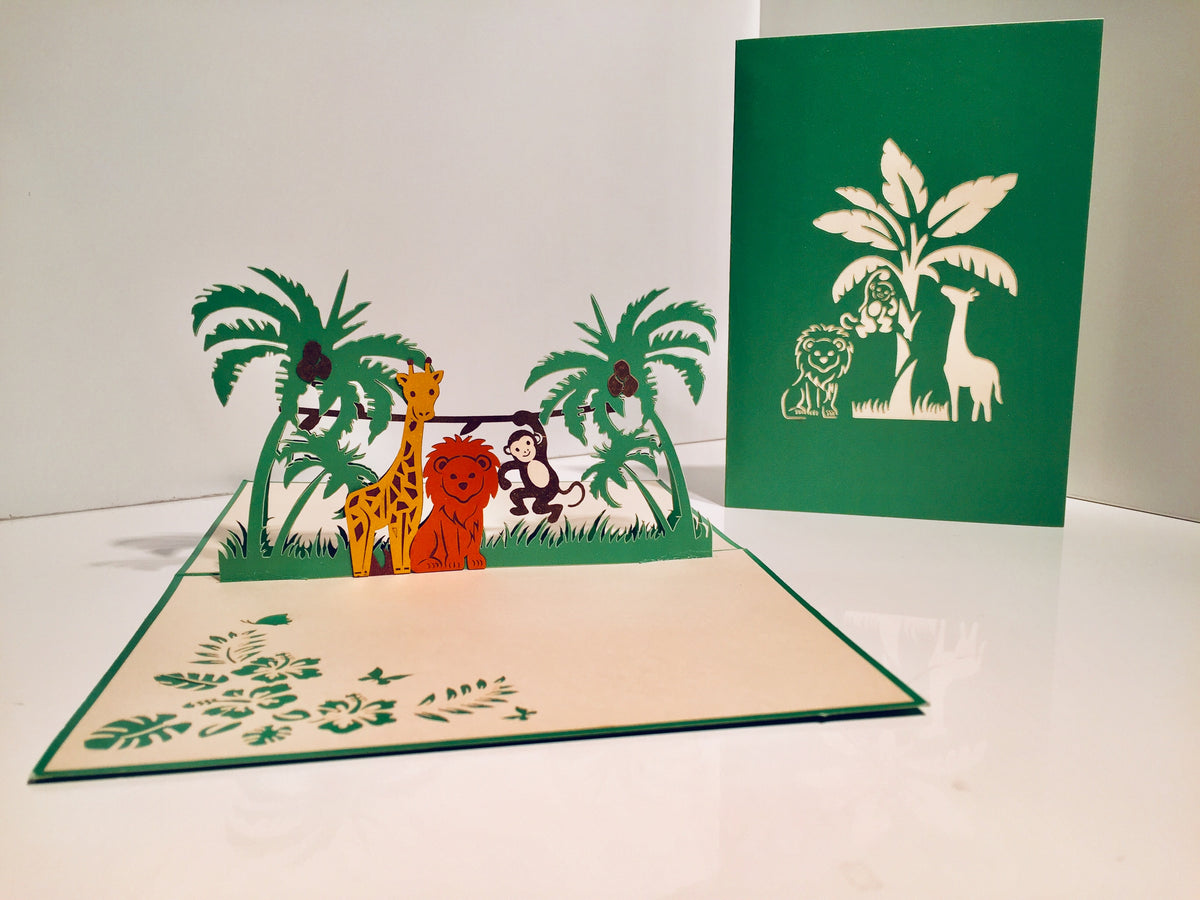 Monkey, Lion & Giraffe Jungle Zoo Origami Pop Cards 3D Pop Up Greeting Card Thank You Handmade Gift Thinking of You Happy Birthday Occasion Australiana Celebrate the Beauty and Happiness During Special Day Best Wishes Gift