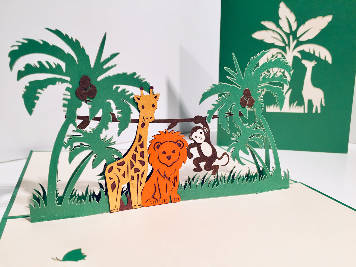 Monkey, Lion & Giraffe Jungle Zoo Origami Pop Cards 3D Pop Up Greeting Card Thank You Handmade Gift Thinking of You Happy Birthday Occasion Australiana Celebrate the Beauty and Happiness During Special Day Best Wishes Gift