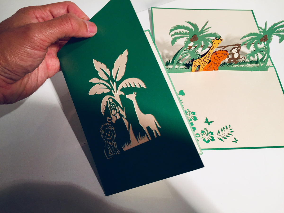 Monkey, Lion & Giraffe Jungle Zoo Origami Pop Cards 3D Pop Up Greeting Card Thank You Handmade Gift Thinking of You Happy Birthday Occasion Australiana Celebrate the Beauty and Happiness During Special Day Best Wishes Gift