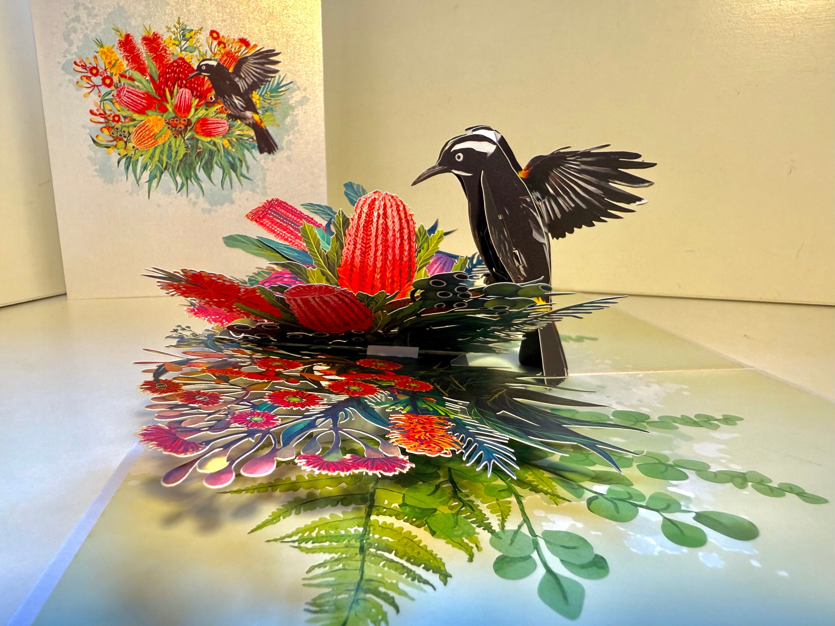 New Holland Honeyeater Attracting Australian Native Flowers - Red Waratah & Bottlebrush Origami Pop Cards 3D Pop Up Greeting Card Celebrate Happy Birthday Thank You Handmade Best Wishes Blank Card for Any Occasion Happy Mother's Day Happy Father's Day
