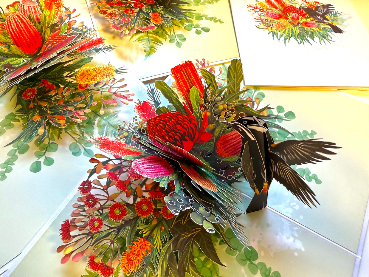 New Holland Honeyeater Attracting Australian Native Flowers - Red Waratah & Bottlebrush Origami Pop Cards 3D Pop Up Greeting Card Celebrate Happy Birthday Thank You Handmade Best Wishes Blank Card for Any Occasion Happy Mother's Day Happy Father's Day