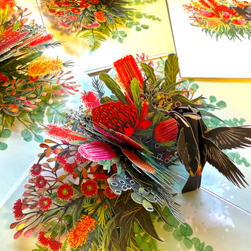 New Holland Honeyeater Attracting Australian Native Flowers - Red Waratah & Bottlebrush Origami Pop Cards 3D Pop Up Greeting Card Celebrate Happy Birthday Thank You Handmade Best Wishes Blank Card for Any Occasion Happy Mother's Day Happy Father's Day