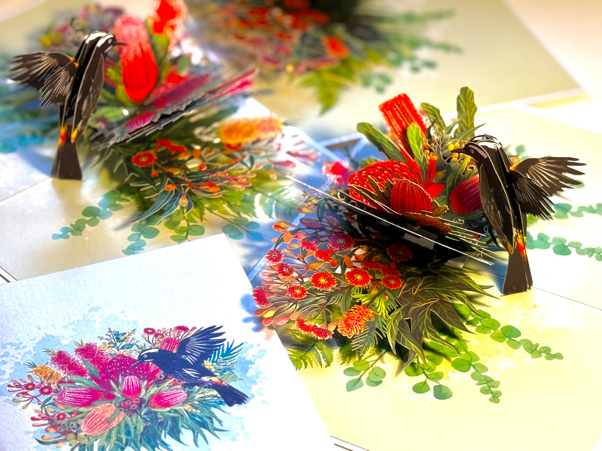New Holland Honeyeater Attracting Australian Native Flowers - Red Waratah & Bottlebrush Origami Pop Cards 3D Pop Up Greeting Card Celebrate Happy Birthday Thank You Handmade Best Wishes Blank Card for Any Occasion Happy Mother's Day Happy Father's Day