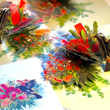 New Holland Honeyeater Attracting Australian Native Flowers - Red Waratah & Bottlebrush Origami Pop Cards 3D Pop Up Greeting Card Celebrate Happy Birthday Thank You Handmade Best Wishes Blank Card for Any Occasion Happy Mother's Day Happy Father's Day