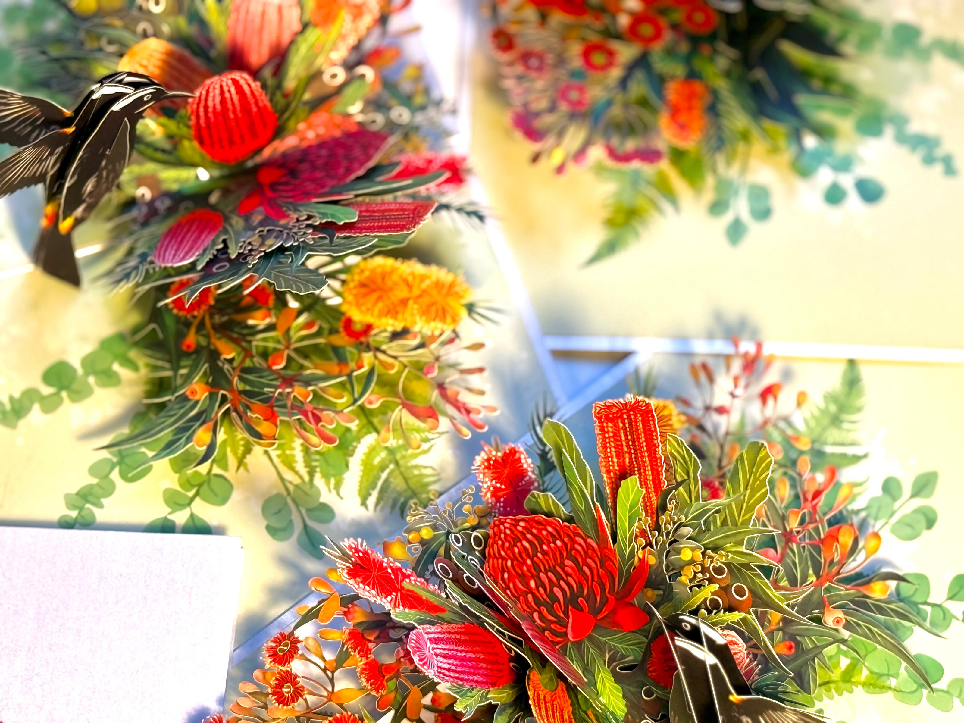 New Holland Honeyeater Attracting Australian Native Flowers - Red Waratah & Bottlebrush Origami Pop Cards 3D Pop Up Greeting Card Celebrate Happy Birthday Thank You Handmade Best Wishes Blank Card for Any Occasion Happy Mother's Day Happy Father's Day