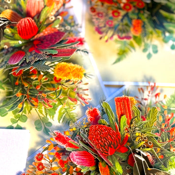 New Holland Honeyeater Attracting Australian Native Flowers - Red Waratah & Bottlebrush Origami Pop Cards 3D Pop Up Greeting Card Celebrate Happy Birthday Thank You Handmade Best Wishes Blank Card for Any Occasion Happy Mother's Day Happy Father's Day