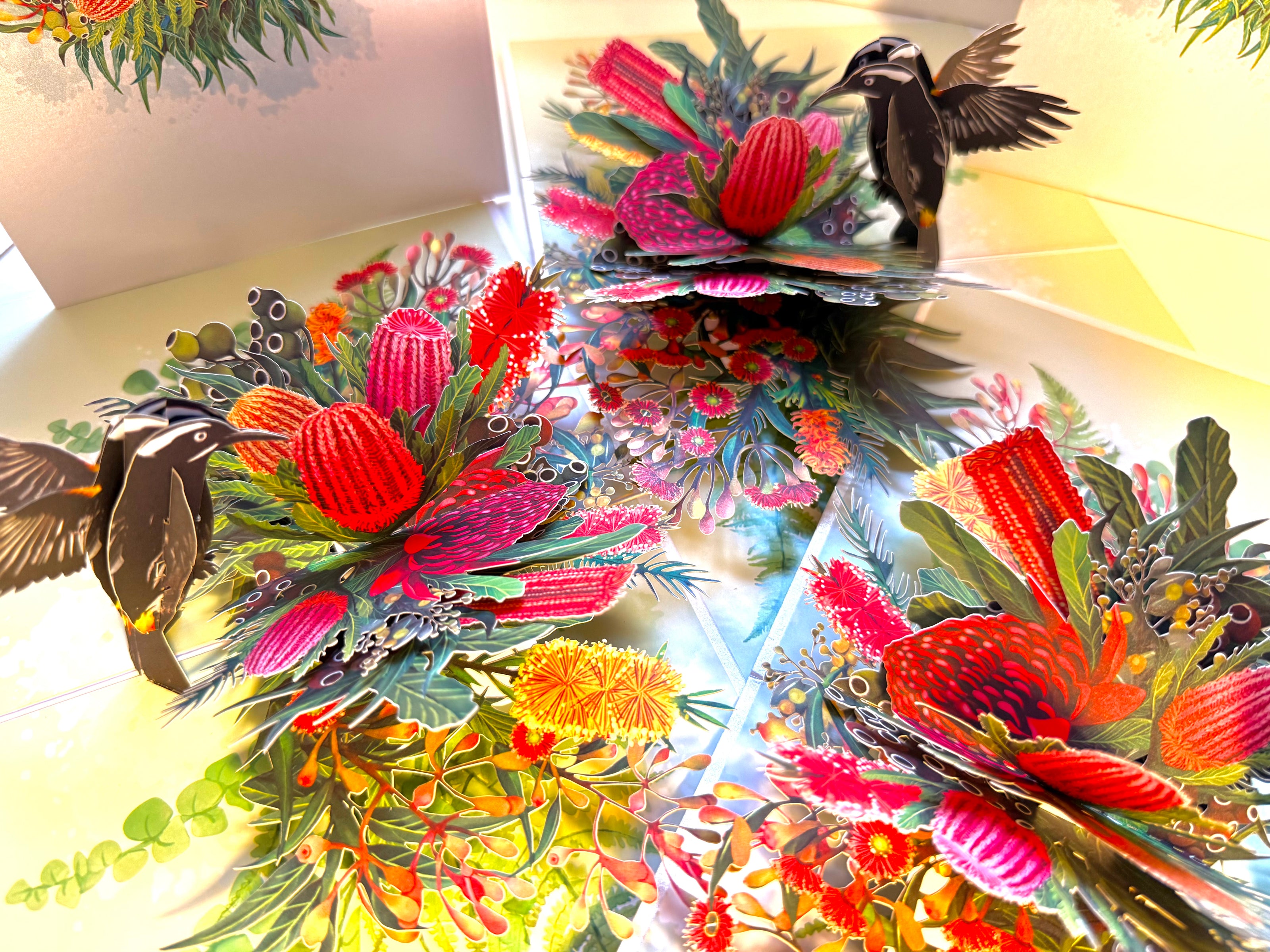 New Holland Honeyeater Attracting Australian Native Flowers - Red Waratah & Bottlebrush Origami Pop Cards 3D Pop Up Greeting Card Celebrate Happy Birthday Thank You Handmade Best Wishes Blank Card for Any Occasion Happy Mother's Day Happy Father's Day