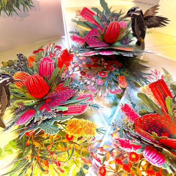 New Holland Honeyeater Attracting Australian Native Flowers - Red Waratah & Bottlebrush Origami Pop Cards 3D Pop Up Greeting Card Celebrate Happy Birthday Thank You Handmade Best Wishes Blank Card for Any Occasion Happy Mother's Day Happy Father's Day