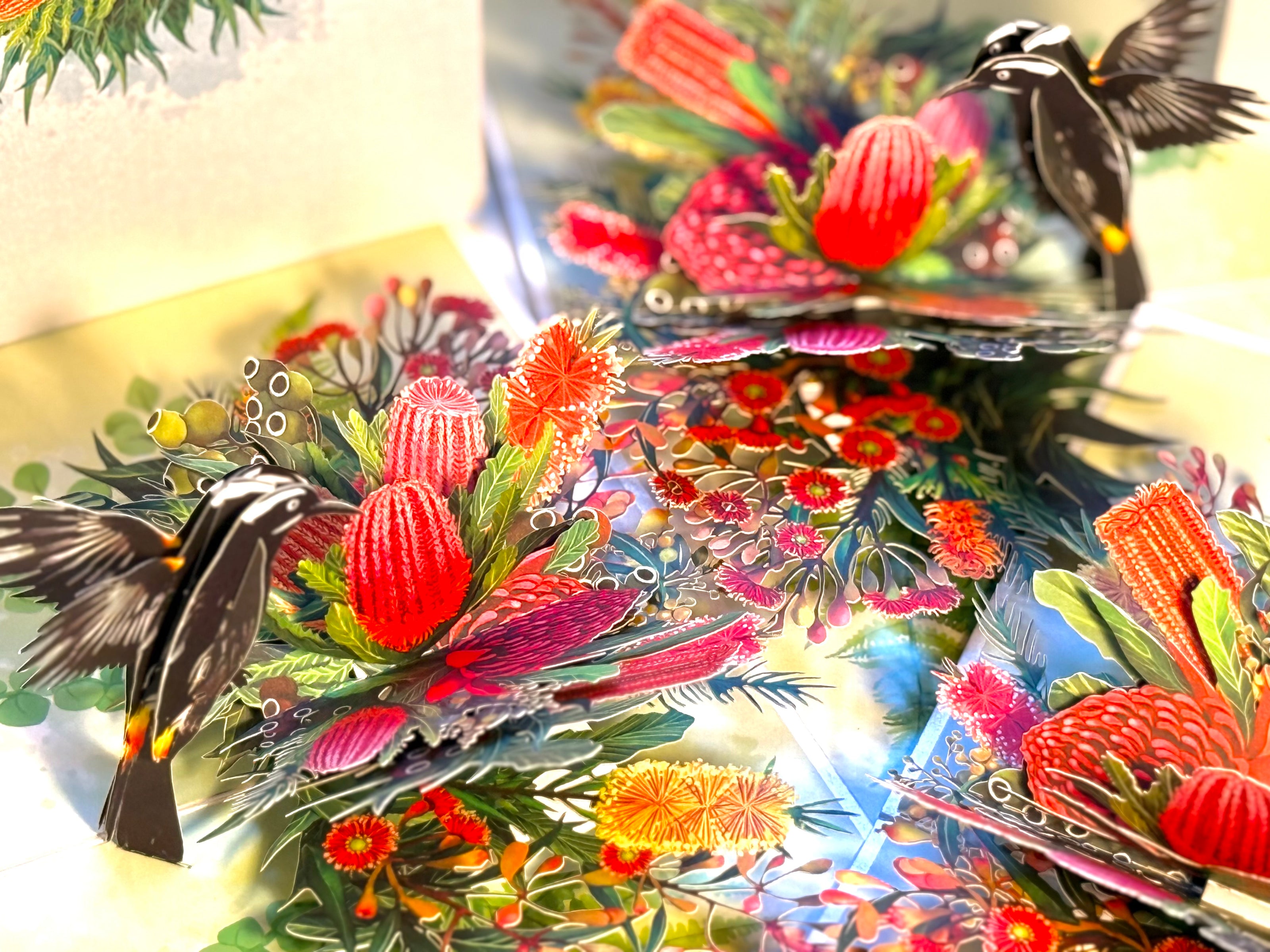 New Holland Honeyeater Attracting Australian Native Flowers - Red Waratah & Bottlebrush Origami Pop Cards 3D Pop Up Greeting Card Celebrate Happy Birthday Thank You Handmade Best Wishes Blank Card for Any Occasion Happy Mother's Day Happy Father's Day