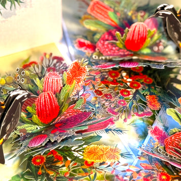 New Holland Honeyeater Attracting Australian Native Flowers - Red Waratah & Bottlebrush Origami Pop Cards 3D Pop Up Greeting Card Celebrate Happy Birthday Thank You Handmade Best Wishes Blank Card for Any Occasion Happy Mother's Day Happy Father's Day