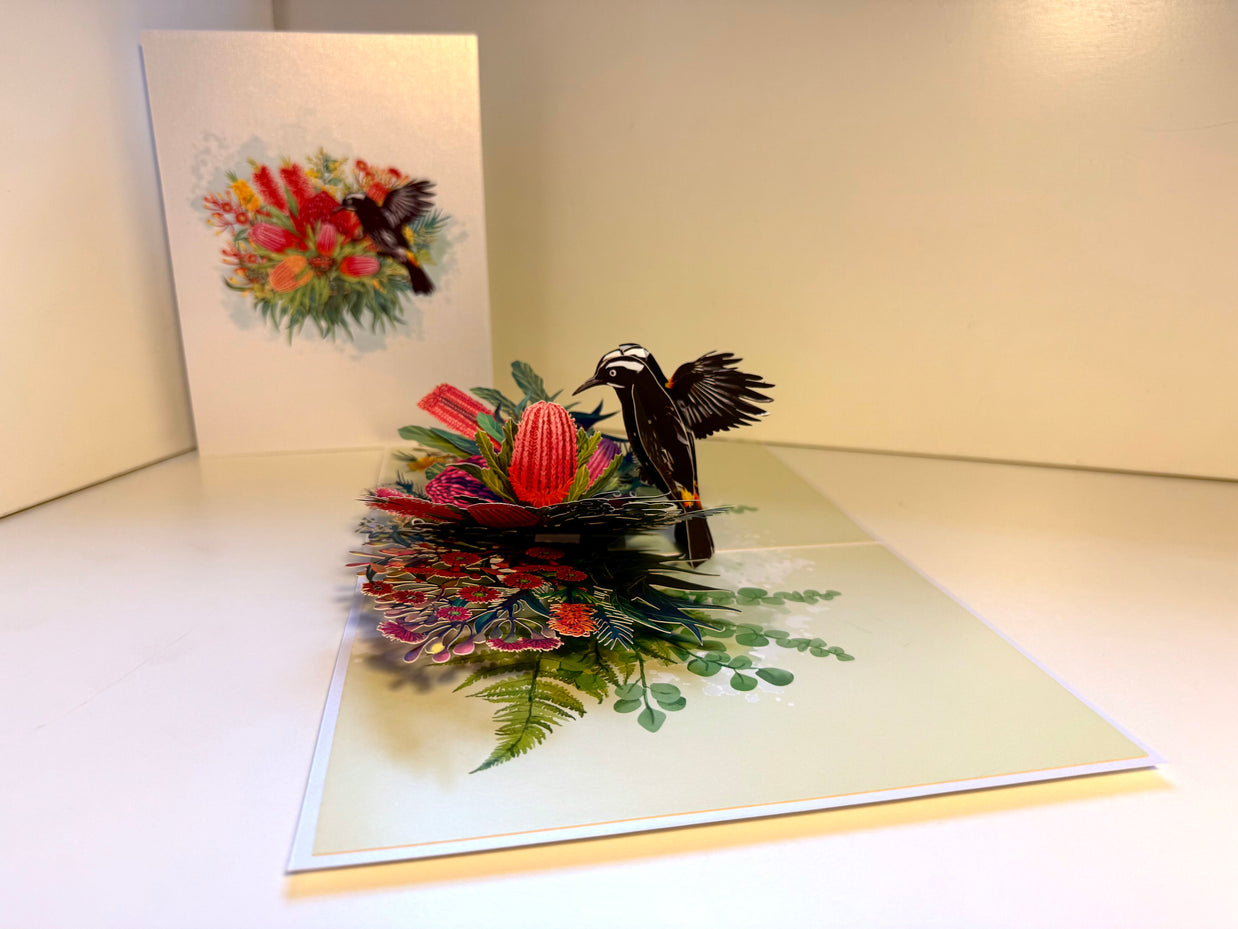 New Holland Honeyeater Attracting Australian Native Flowers - Red Waratah & Bottlebrush Origami Pop Cards 3D Pop Up Greeting Card Celebrate Happy Birthday Thank You Handmade Best Wishes Blank Card for Any Occasion Happy Mother's Day Happy Father's Day