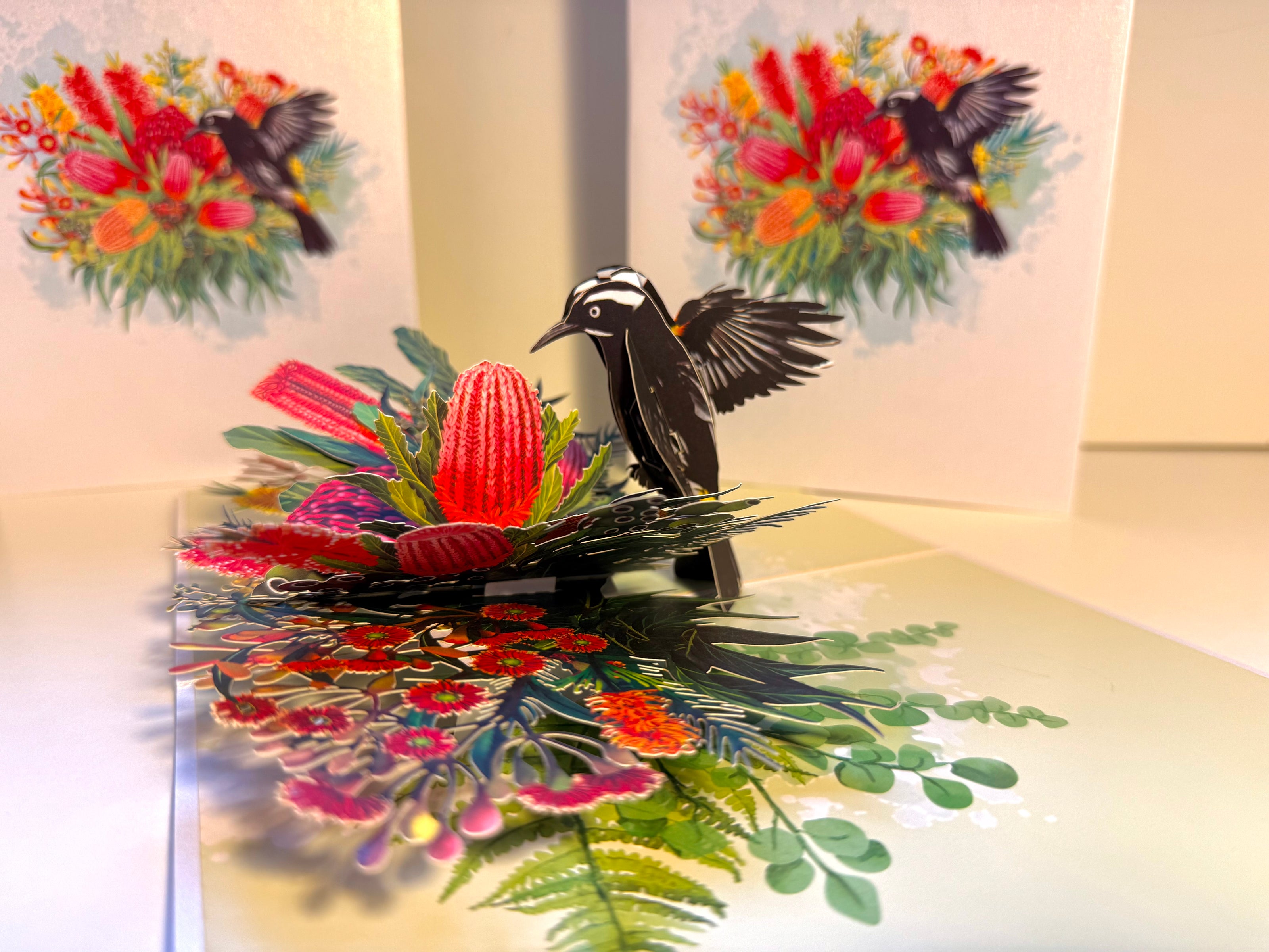 New Holland Honeyeater Attracting Australian Native Flowers - Red Waratah & Bottlebrush Origami Pop Cards 3D Pop Up Greeting Card Celebrate Happy Birthday Thank You Handmade Best Wishes Blank Card for Any Occasion Happy Mother's Day Happy Father's Day