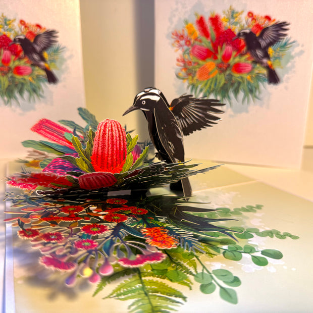 New Holland Honeyeater Attracting Australian Native Flowers - Red Waratah & Bottlebrush Origami Pop Cards 3D Pop Up Greeting Card Celebrate Happy Birthday Thank You Handmade Best Wishes Blank Card for Any Occasion Happy Mother's Day Happy Father's Day