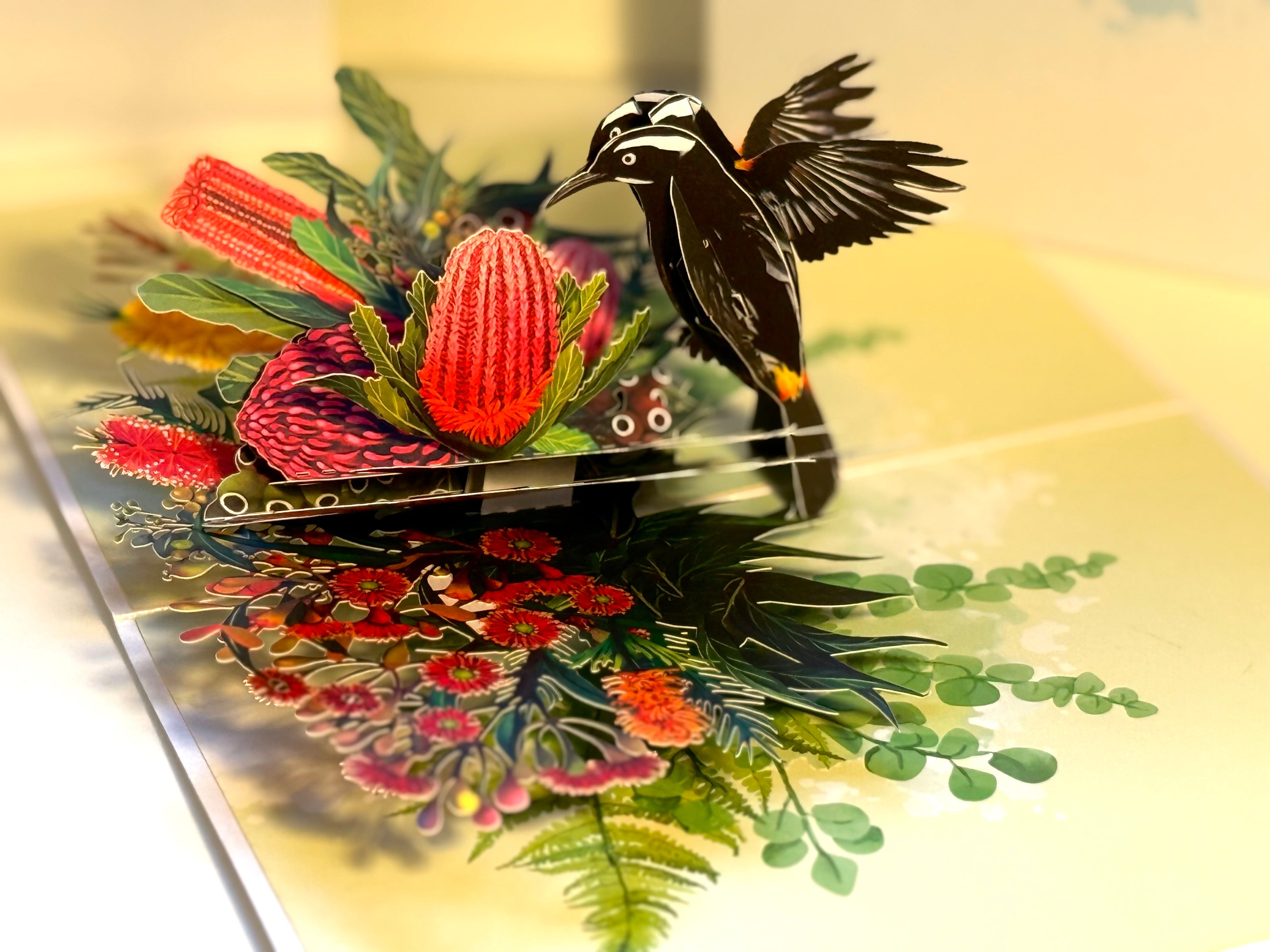 New Holland Honeyeater Attracting Australian Native Flowers - Red Waratah & Bottlebrush Origami Pop Cards 3D Pop Up Greeting Card Celebrate Happy Birthday Thank You Handmade Best Wishes Blank Card for Any Occasion Happy Mother's Day Happy Father's Day