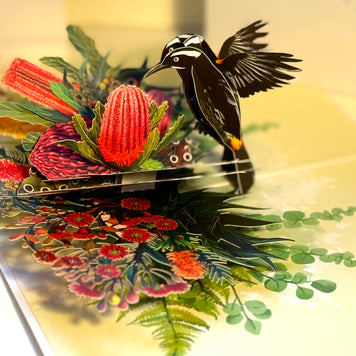 New Holland Honeyeater Attracting Australian Native Flowers - Red Waratah & Bottlebrush Origami Pop Cards 3D Pop Up Greeting Card Celebrate Happy Birthday Thank You Handmade Best Wishes Blank Card for Any Occasion Happy Mother's Day Happy Father's Day