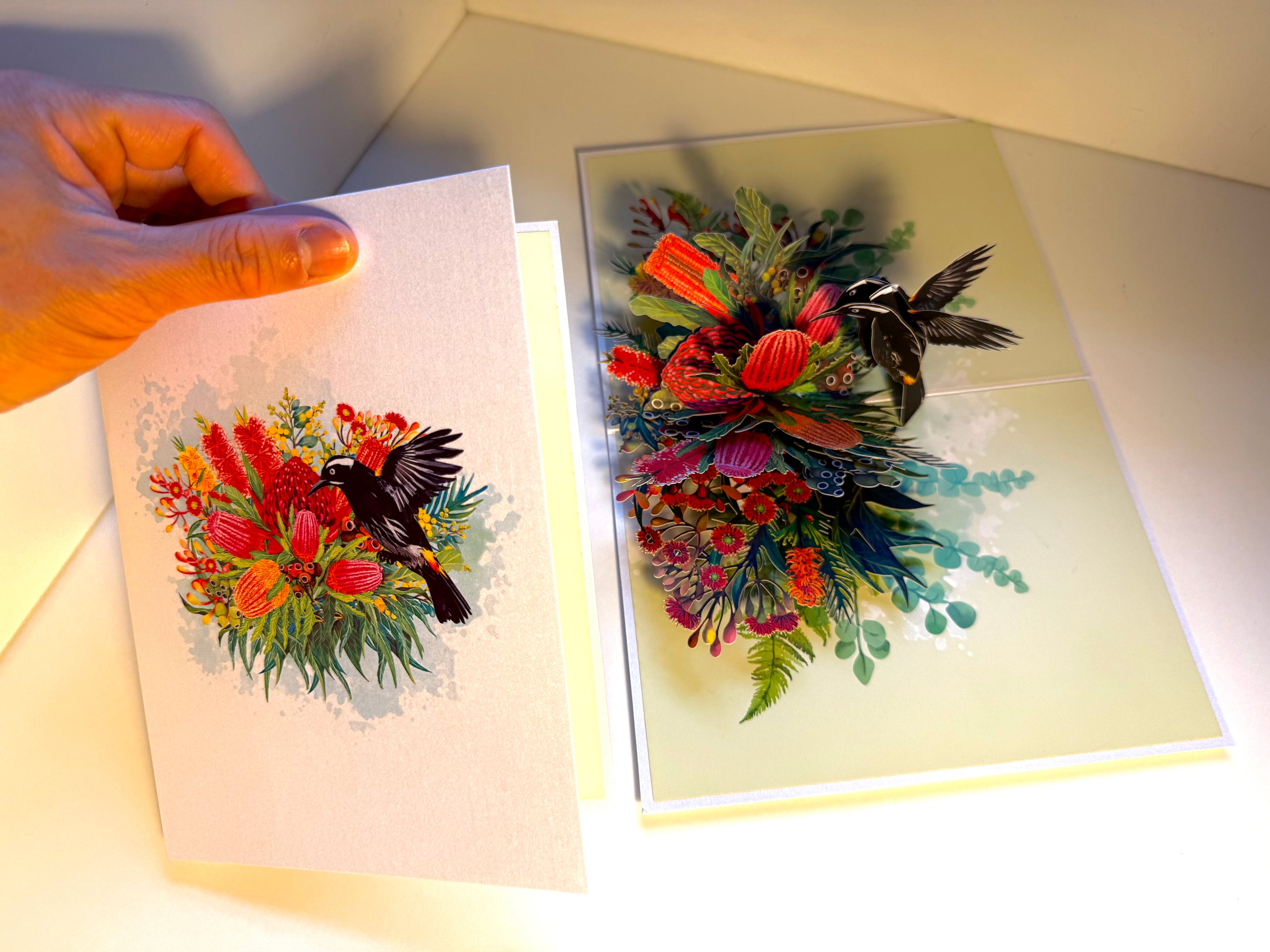 New Holland Honeyeater Attracting Australian Native Flowers - Red Waratah & Bottlebrush Origami Pop Cards 3D Pop Up Greeting Card Celebrate Happy Birthday Thank You Handmade Best Wishes Blank Card for Any Occasion Happy Mother's Day Happy Father's Day