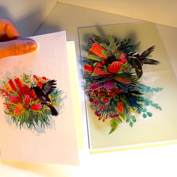 New Holland Honeyeater Attracting Australian Native Flowers - Red Waratah & Bottlebrush Origami Pop Cards 3D Pop Up Greeting Card Celebrate Happy Birthday Thank You Handmade Best Wishes Blank Card for Any Occasion Happy Mother's Day Happy Father's Day