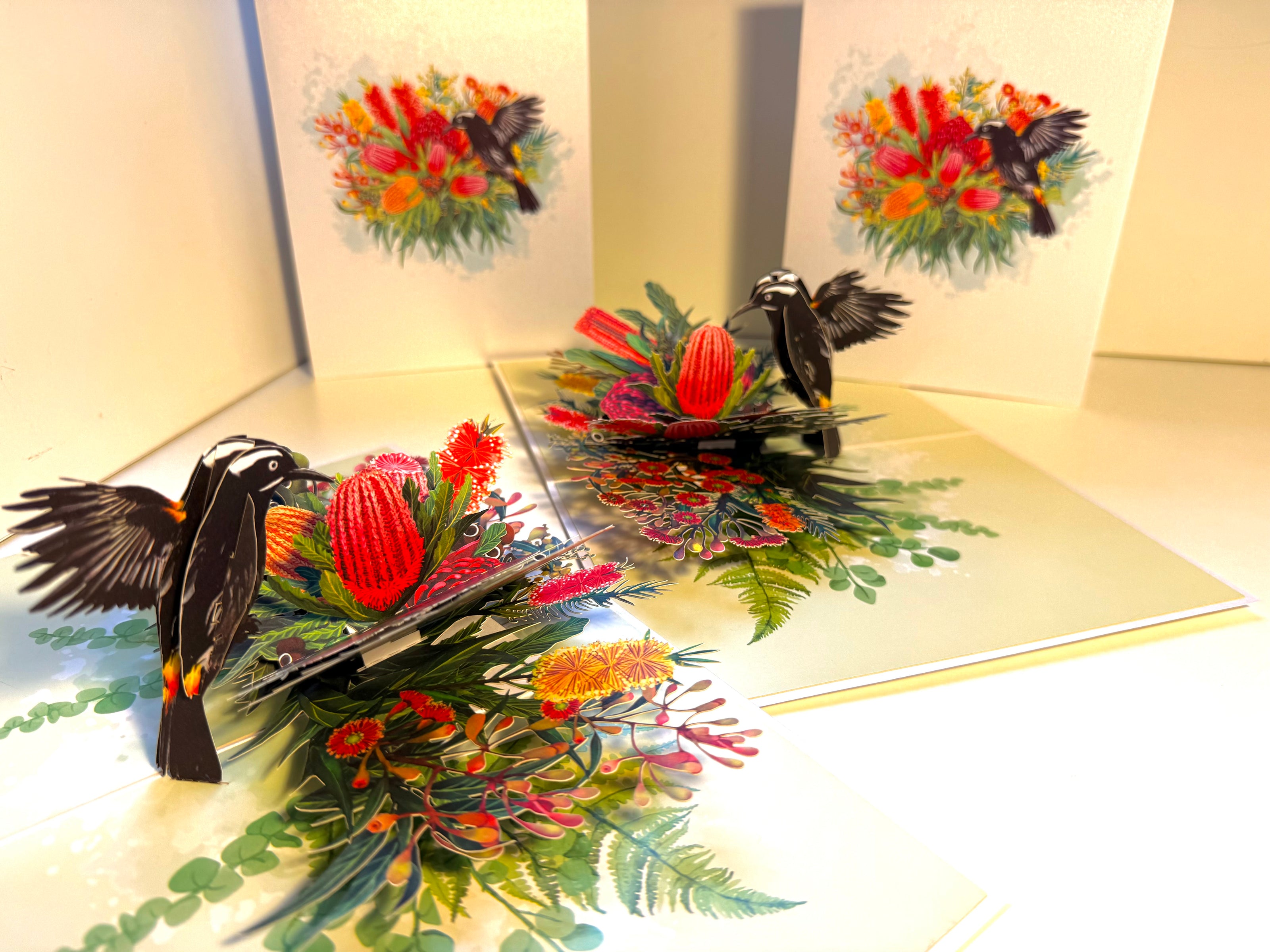 New Holland Honeyeater Attracting Australian Native Flowers - Red Waratah & Bottlebrush Origami Pop Cards 3D Pop Up Greeting Card Celebrate Happy Birthday Thank You Handmade Best Wishes Blank Card for Any Occasion Happy Mother's Day Happy Father's Day