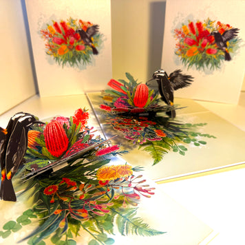 New Holland Honeyeater Attracting Australian Native Flowers - Red Waratah & Bottlebrush Origami Pop Cards 3D Pop Up Greeting Card Celebrate Happy Birthday Thank You Handmade Best Wishes Blank Card for Any Occasion Happy Mother's Day Happy Father's Day