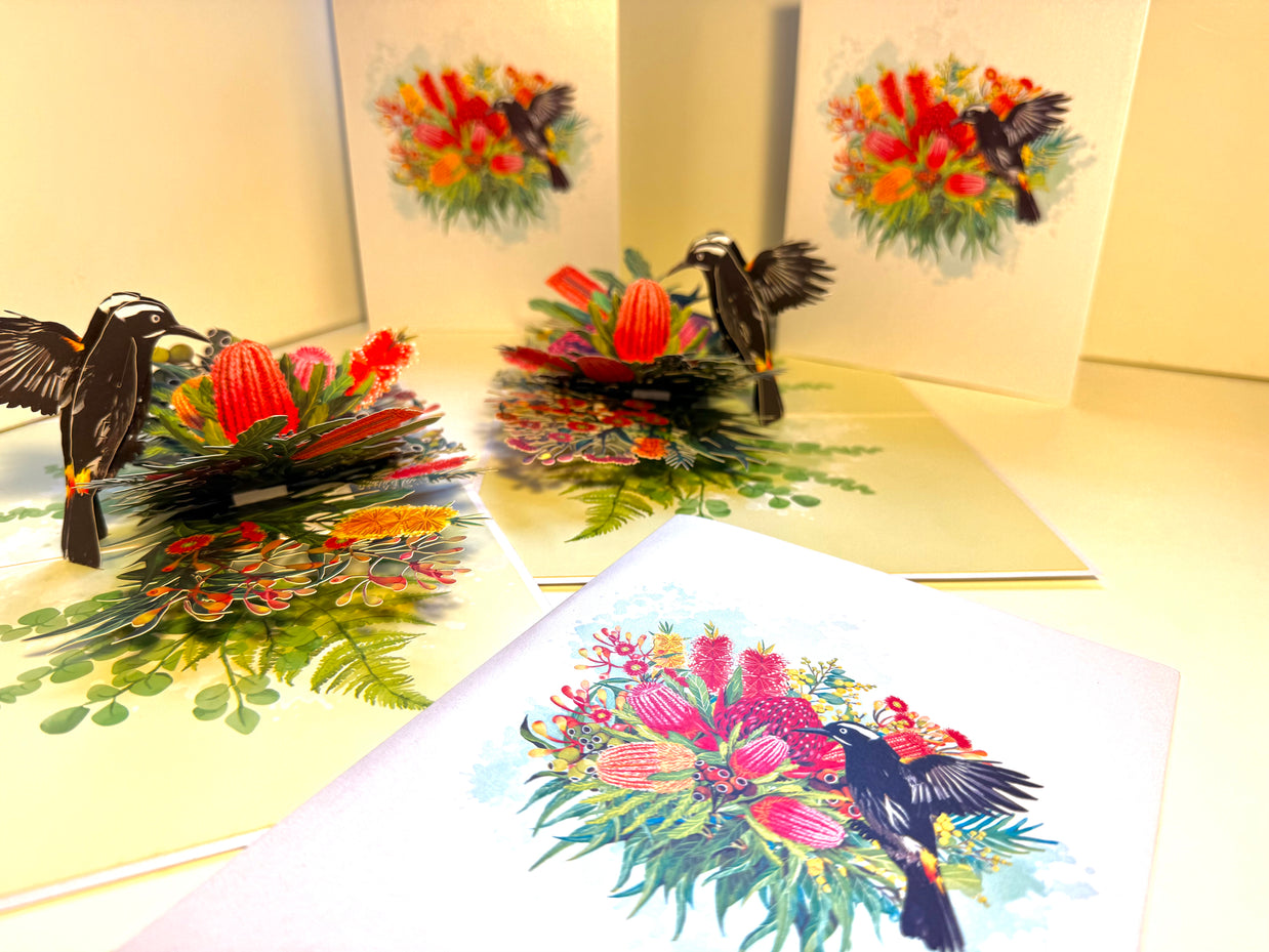 New Holland Honeyeater Attracting Australian Native Flowers - Red Waratah & Bottlebrush Origami Pop Cards 3D Pop Up Greeting Card Celebrate Happy Birthday Thank You Handmade Best Wishes Blank Card for Any Occasion Happy Mother's Day Happy Father's Day