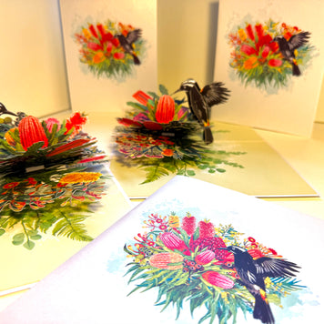 New Holland Honeyeater Attracting Australian Native Flowers - Red Waratah & Bottlebrush Origami Pop Cards 3D Pop Up Greeting Card Celebrate Happy Birthday Thank You Handmade Best Wishes Blank Card for Any Occasion Happy Mother's Day Happy Father's Day
